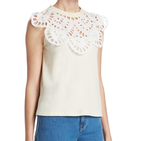 See By Chloe Eyelet Bib Neck Cotton Top Buttercream white - Picture 5 of 14